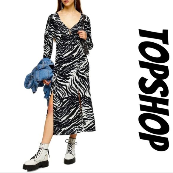 NWT TOPSHOP - Animal Print Long Sleeve Midi Dress - Picture 2 of 8